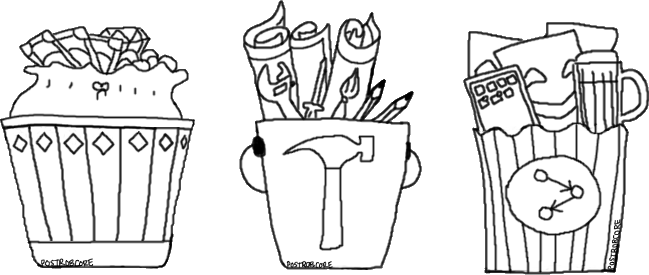 An illustration of the three buckets of compensation. The bucket of financial compensation is a nice wooden bucket with a sack of money and precious gems inside. The bucket of experience is a metal bucket containing rolled up blueprints, pencils, a brush, a wrench, and a paintbrush. The bucket of networking is a popcorn bag containing a cell phone, a glass of beer, and happy comedy masks.