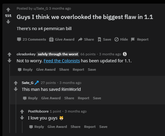 reddit thread where postrobcore is said to have saved rimworld by updating feed the colonists for version 1.1