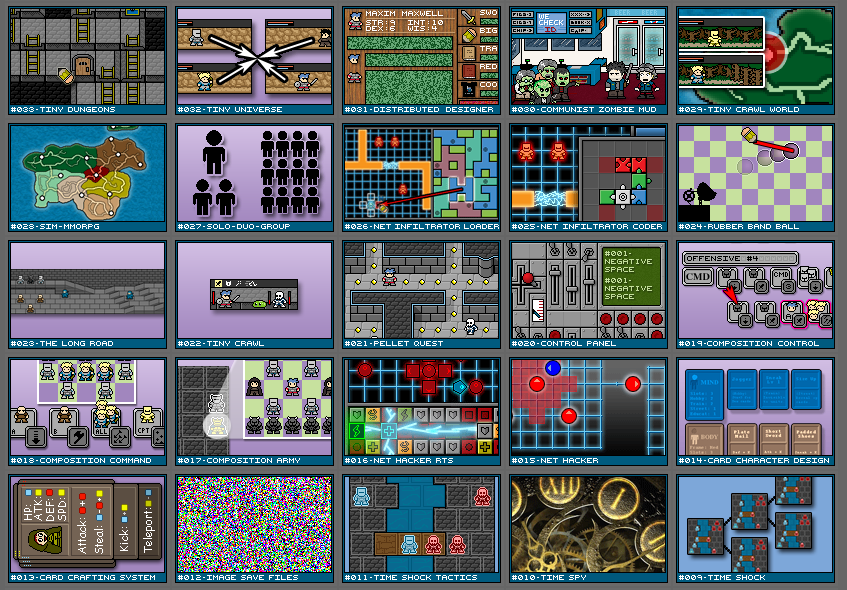A screenshot of the Three Hundred Ideas website showing a four by four grid of various thumbnails for game ideas. All of which are pixel art. The content ranges from card-based games, to grid-based games, to maps, and even one that’s white noise.